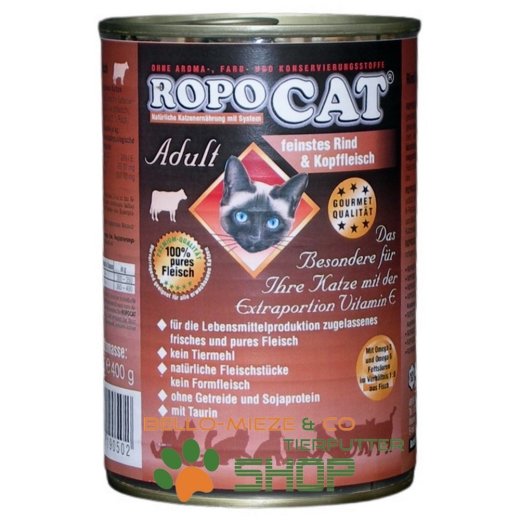 RopoCat Adult Rind &amp; Kopffleisch | Katzenfutter - Katzen Nassfutter - Dosenfutter mit Taurin 24 Dosen &agrave; 200 gr