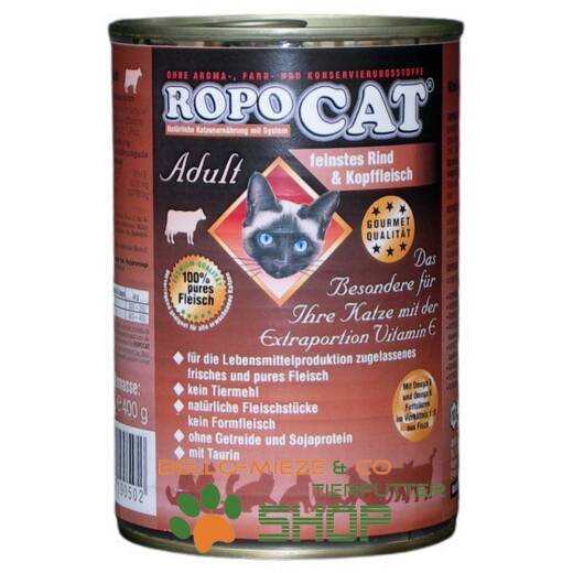 RopoCat Adult Rind & Kopffleisch | Katzenfutter - Katzen Nassfutter - Dosenfutter mit Taurin 24 Dosen à 400 gr
