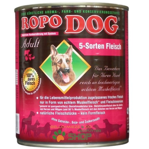 RopoDog Adult 5 Sorten Fleisch - 100 % Fleisch 12 Dosen &agrave; 800 gr.