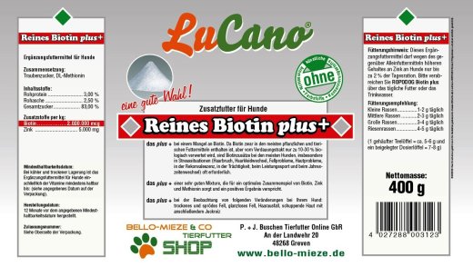 LuCano reines Biotin plus+ | Erg&auml;nzungsfuttermittel f&uuml;r Hunde mit 2.000.000 mcg Biotin | auch zum Barfen 400 gr
