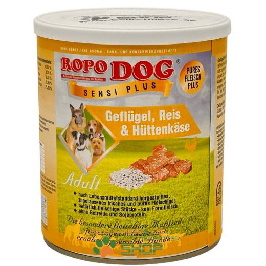 RopoDog Adult Sensi Plus Geflügel & Reis + Hüttenkäse 6 Dosen à 400 gr